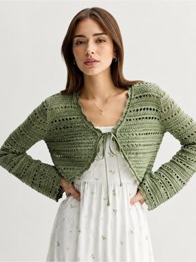 Green Crochet Tie-Front Cardigan